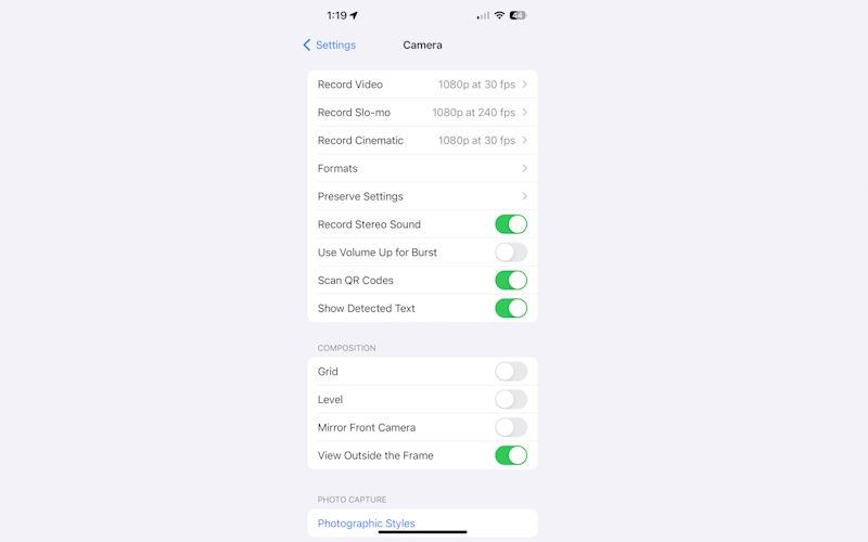 تنظیمات دوربین آیفون در بخش Settings