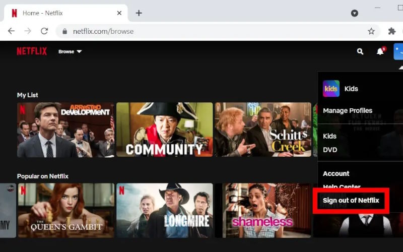 خروج از حساب از طریق وب‌سایت نتفلیکس
