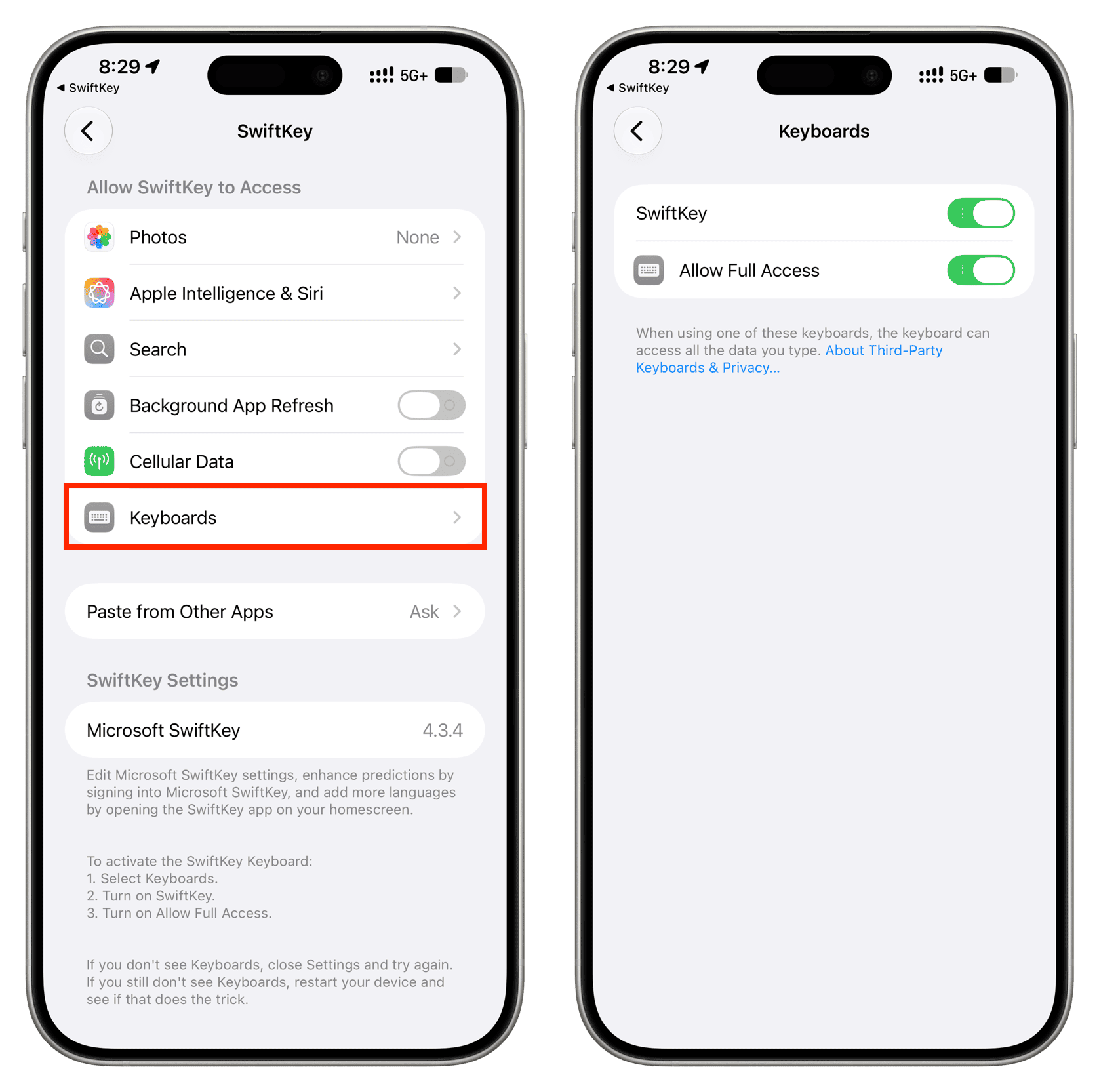 فعال سازی دسترسی کامل کیبورد SwiftKey در تنظیمات آیفون
