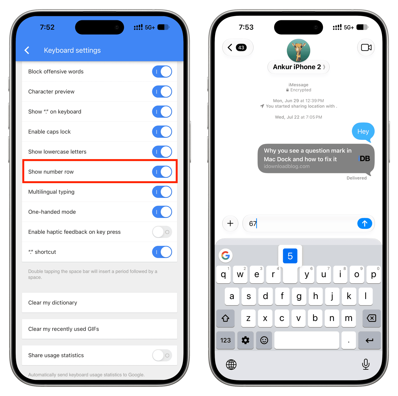 نمایش ردیف اعداد با نگه داشتن کلیدها در کیبورد Gboard آیفون
