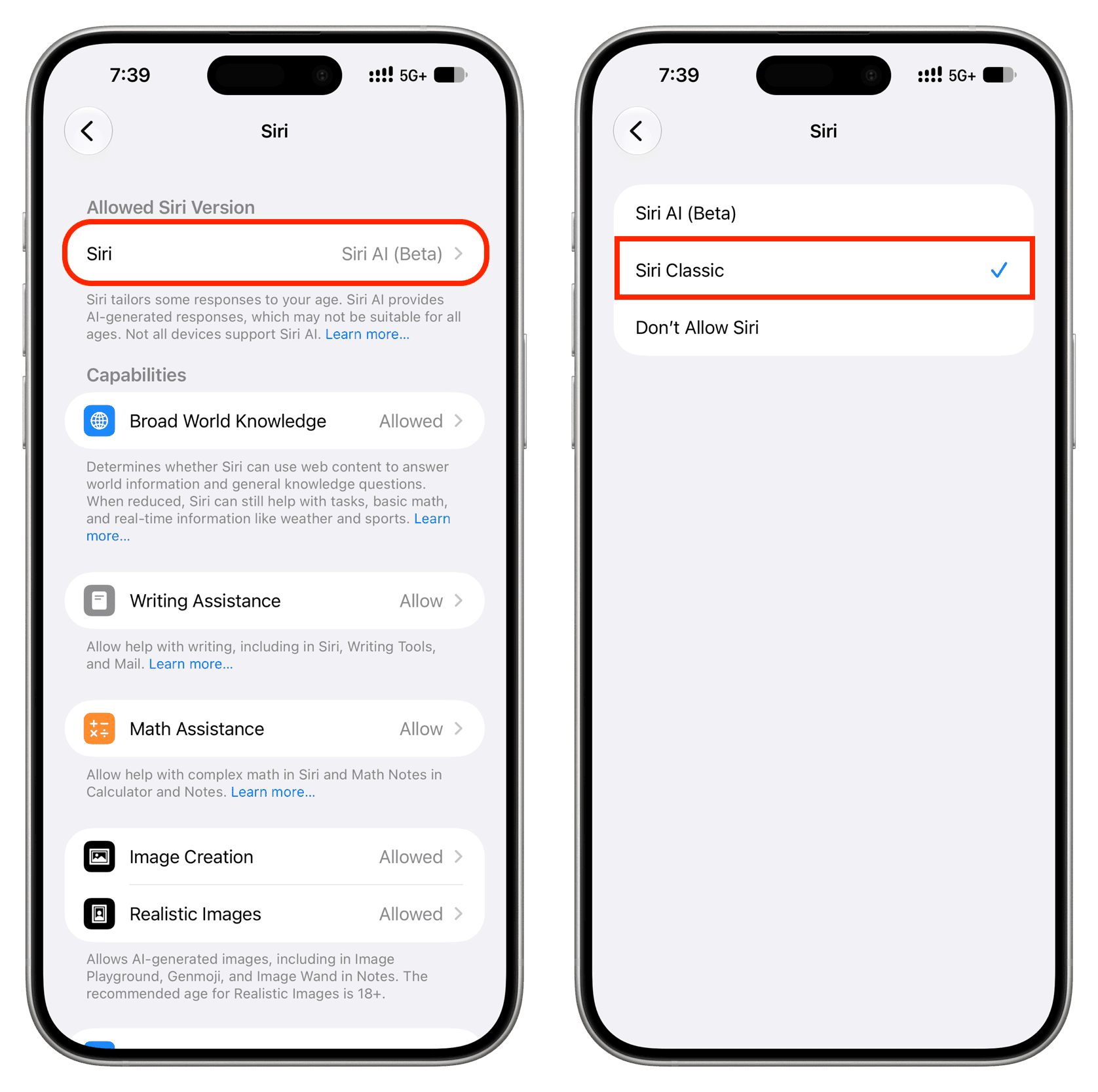 انتخاب گزینه Siri Classic در تنظیمات iOS 27